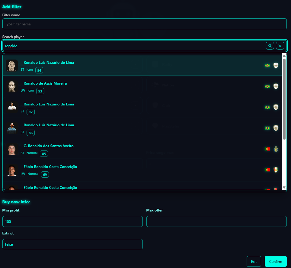 Filter search settings
