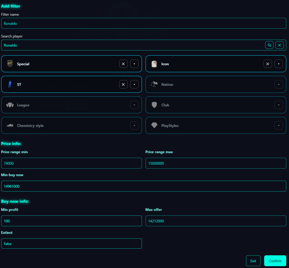 Filter parameters